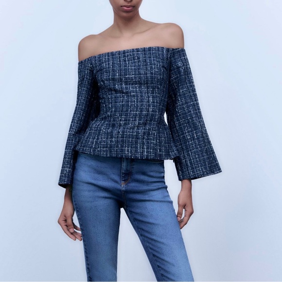 Zara NWT tweed off the shoulder peplum top - blue & black textured blouse - Picture 16 of 16